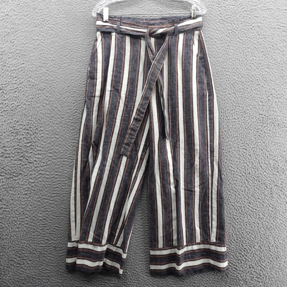 Banana Republic Blake Crop Pants Size 6‎ Linen Blend Striped Wide Leg Belted